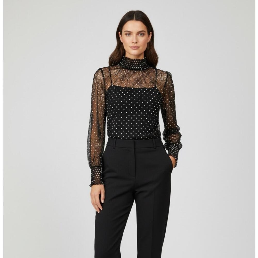 Akris‎ Punto Lace Polka Dot Turtleneck Top Sheer Black Size 6